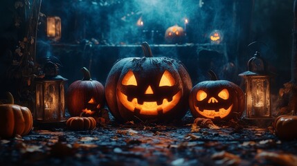 Spooky Halloween Jack O Lanterns with Lanterns and Smoke