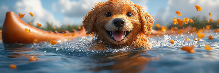 Joyful Golden Retriever Puppy Swimming in Blue Water with Splashing Orange Petals, Summer Adventure with Happy Mood