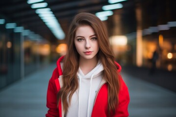 Wall Mural - A woman in a red hoodie and white sweatshirt stands in a hallway