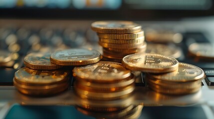 Poster - Golden Stack of coins with Laptop keyboard Background for Digital currency Financial revolution Concept.