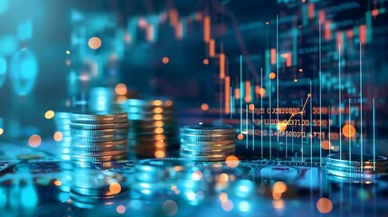 Poster - golden stack of coins on blurred background statistics data graph financial analysis for concept fin