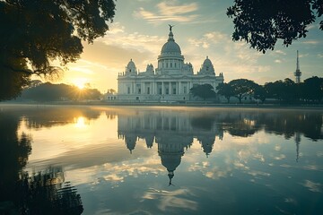 Wall Mural - Serene Sunrise Reflection of Victoria Memorial in Kolkata