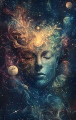 Wall Mural - 38. **Celestial portrait with a human face surrounded by stars, moons, and cosmic elements**