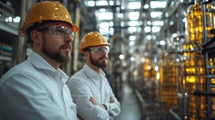 Wall Mural - Industrial Expertise: Two focused engineers in hard hats and lab coats stand with arms crossed, amidst a complex industrial setting of gleaming metal tanks and pipes, showcasing their commitment to in