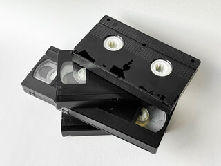 Retro vhs tapes on white background for nostalgic media themes