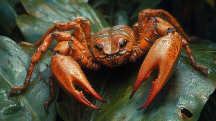 Wall Mural - A close-up of a vibrant orange crab on green foliage.