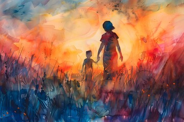 Canvas Print - A Heartwarming Sunset Walk: A Parent and Child Embrace Nature's Beauty