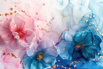 The close up picture of the blue and pink colour of the flower with gold colour trimmed, abstract art is style of art that does not attempt to represent accurate depiction of visual reality. AIG51.