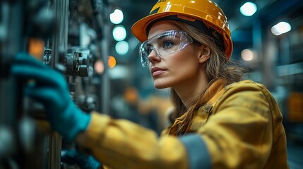 Wall Mural - Focused on the Task:  A female industrial worker, clad in protective gear, intently monitors machinery in a dimly lit industrial setting. Her determined gaze reflects the dedication.