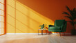 © Mahmud - 'Home interior with a green armchair and sofa set against an empty orange wall background. Minimalist room, 3D rendering.'