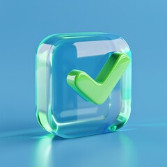 3D glass-like checkmark icon on a blue background, representing approval and success. Modern symbol for digital applications.