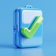 © Tackey - 3D illustration of a blue suitcase with a green checkmark on a blue background, symbolizing travel approval and readiness.