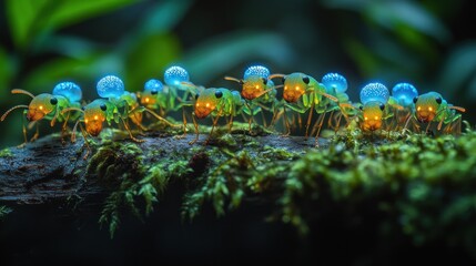 Sticker - A vibrant group of bioluminescent ants on a mossy log.