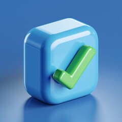 Blue 3D checkmark icon on a blue gradient background, representing success, approval, or verification in digital or web applications.