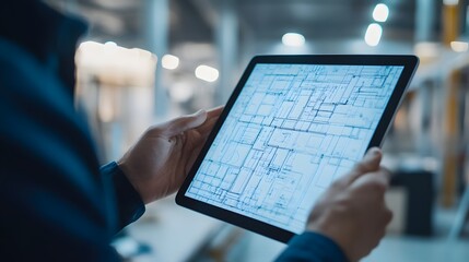 Wall Mural - Architect Pointing at Blueprint on a Digital Tablet: An architect uses a tablet displaying digital blueprints while discussing the design with another professional at a site.