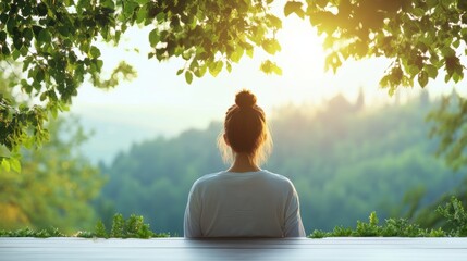 Wall Mural - A woman in a meditation pose, surrounded by nature, reflecting on her personal growth and inner peace.