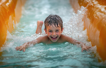 Canvas Print - A boy is sliding down the water's chute, his hands up, he's happy and having fun at the water park.