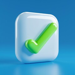 Wall Mural - Digital checkmark icon in green on a white square background over blue. Symbol of approval, correctness, and validation in modern design.