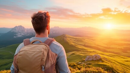 Wall Mural - A solo traveler admiring a stunning sunset over a foreign landscape, capturing the sense of freedom and adventure that comes with exploring new places.