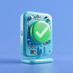 Wall Mural - Futuristic device with a large green check mark button, symbolizing success and approval, against a blue background.