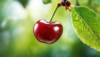 A single, vibrant red cherry with droplets of water hanging from a branch with a green leaf, set against a softly blurred green background. The image captures the freshness and natural beauty of the