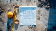 © Jack - Blueprints and Measuring Tape on Concrete Ground: A set of blueprints lying on the concrete floor of a construction site with measuring tape and safety goggles beside it.