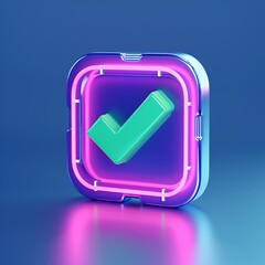 Wall Mural - Neon checkmark icon with vibrant colors glowing in a futuristic 3D style on a blue background