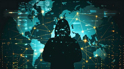 A flat design of a global cyberattack, showing lines of connection between different countries on a world map, with a shadowy hacker figure looming in the background, 