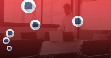 Poster - Businessman in office with file icons, data management animation over workspace