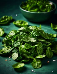 Wall Mural - Fresh spinach leaves spread out on a dark green surface with a bowl of more leaves in the background. The deep green tones and slight sprinkling of sea salt emphasize the freshness and nutritious