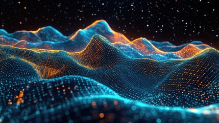 Poster - Abstract landscape depicted in a 3D cartoon rendering against a dark background featuring a star horizon cyberspace grid hi tech network and starry outer space texture 3D illustration