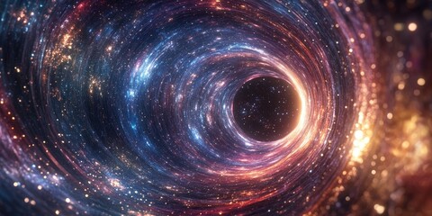 Poster - Cartoon stylized 3D rendering of a cosmic wormhole illustrating a space travel concept with a funnel shaped tunnel connecting different universes