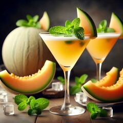 Wall Mural - Three refreshing melon cocktails garnished with mint leaves sit elegantly in martini glasses.