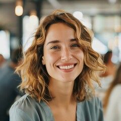 smiling cheerful person with blurred company in the background