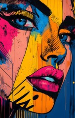 Wall Mural - 15. **Pop art-inspired face portrait with vibrant, comic book-style colors and exaggerated features**