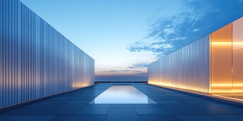 Poster - Creative exterior illuminated with linear walls against a blue sky backdrop 3D rendering