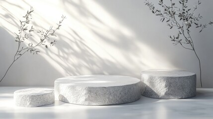 Poster - Stone slab pieces with a white backdrop featuring podium props for product presentation 3D rendering of cosmetic packaging design mockup