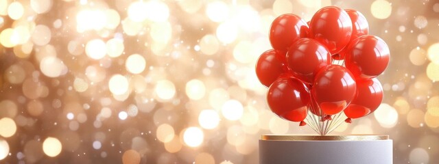 Aufkleber - Close up of festive red Christmas tree balloons on a podium with a sparkling background 3D Render