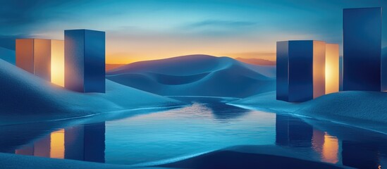 Poster - Vibrant abstract landscape featuring unusual cubes illuminated desert dunes and captivating water reflections in a nighttime setting 3D rendered illustration with a unique background pattern for d