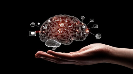 Poster - Abstract brain hologram background. Digital brain. Brain Artificial Intelligence Concept. Brain activity. Brain anatomy. Science showing the human brain. Human brain animation. Copy space area