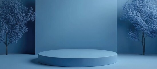 Poster - Blue podium on a display with a blank backdrop 3D rendering