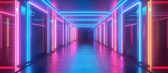 Aufkleber - Futuristic interior tunnel with glowing colorful neon lights 3D rendering