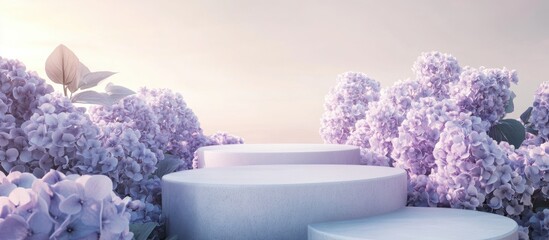 Wall Mural - Natural beauty podium background for showcasing products with a field of Hydrangea flowers 3D rendering