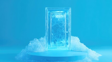Poster - Closed Door Icon Cracked blue ice symbol on a blue snow podium Social media icon for websites presentations and design templates 3D render