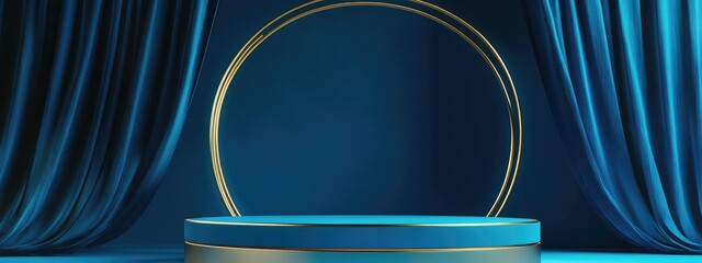 Aufkleber - Empty blue cube podium with a gold border arch against a blue curtain background Abstract minimalist 3D geometric shape for product display mockup 3D rendering