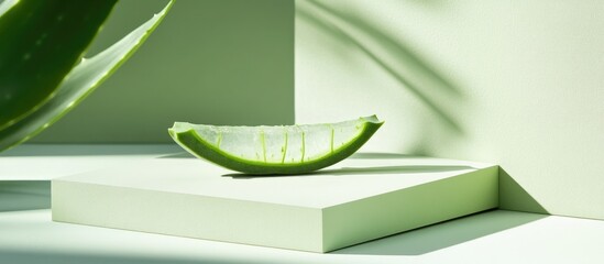 Poster - A light green square podium set against a light green backdrop featuring a slice of aloe An empty display platform suitable for showcasing cosmetic items food and props