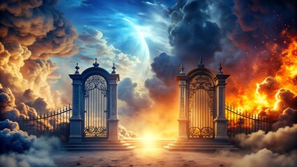 Heaven paradise and fiery hell gates choice. Door to heaven and hell. Good and evil, light and darkness. God's judgment, christianity concept. Religious background. AI generative