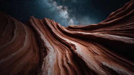 A breathtaking night scene showcasing a starry sky above dramatic, layered rock formations, symbolizing the timeless beauty and vastness of nature under the cosmos.