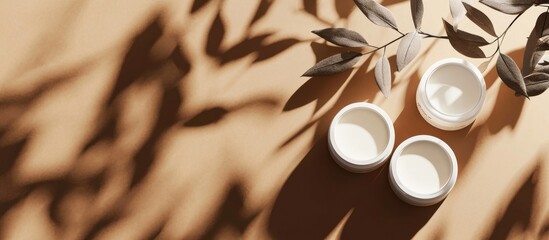 Poster - Cosmetic display podiatrist casting shadows of natural leaves on a brown background 3D rendering