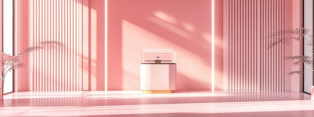 Aufkleber - Contemporary Architectural Backdrop pink space featuring a pedestal and display case 3D rendering